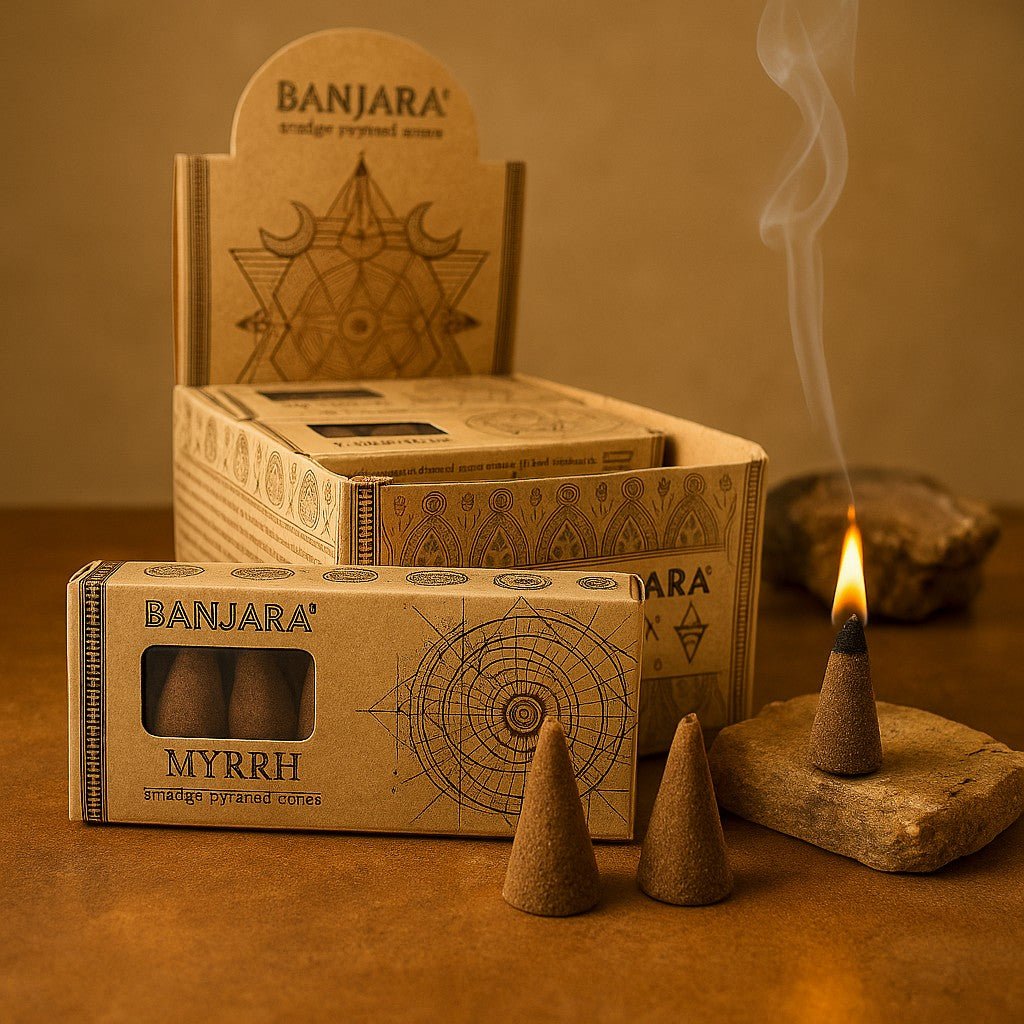 Myrrh Incense Cones Pyramid Smudge 10 Pack Banjara - SHAMTAM.COM