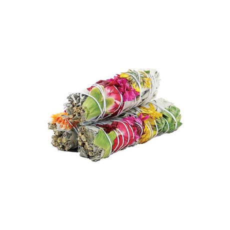 Native Joy Smudge Stick: White Sage with Red & Pink Carnations, Yellow Daisy, and Green Mirton Leaves - 10cm - SHAMTAM.COM