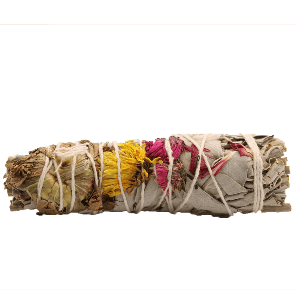 Native Joy Smudge Stick: White Sage with Red & Pink Carnations, Yellow Daisy, and Green Mirton Leaves - 10cm - SHAMTAM.COM