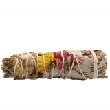 Native Joy Smudge Stick: White Sage with Red & Pink Carnations, Yellow Daisy, and Green Mirton Leaves - 10cm - SHAMTAM.COM