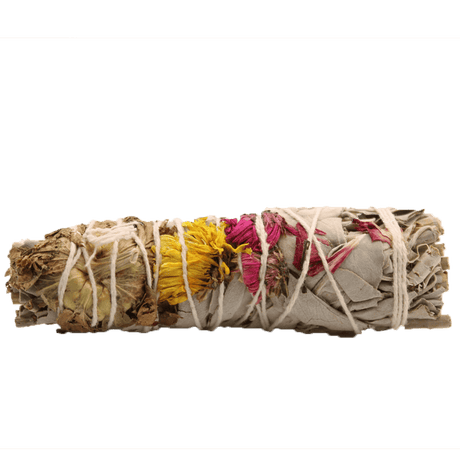 Native Joy Smudge Stick: White Sage with Red & Pink Carnations, Yellow Daisy, and Green Mirton Leaves - 10cm - SHAMTAM.COM