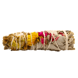 Native Joy Smudge Stick: White Sage with Red & Pink Carnations, Yellow Daisy, and Green Mirton Leaves - 10cm - SHAMTAM.COM
