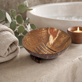 Natural Coconut Soap Dish - Round - 11cm — styled in a warm, naturally lit interior