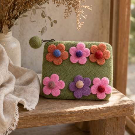 Natural Felt Zipper Pouches - Six Flowers — styled in a warm, naturally lit interior