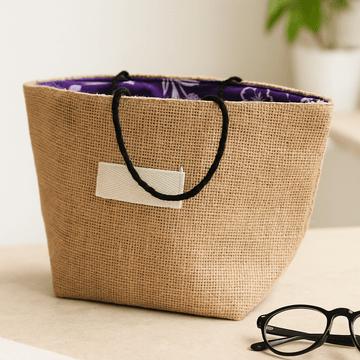 Borsa regalo in juta naturale con fodera in cotone lavanda