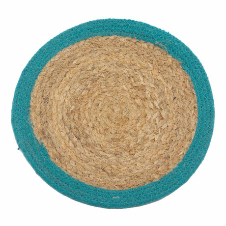 Natural Place Mat - Jute & Cotton 30cm - Teal Border - SHAMTAM.COM