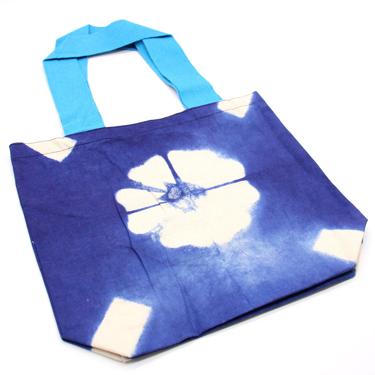 Tote Bag Natural Tye - Dye Cotton Bag (8oz) - 38x42x12cm - Blue Flower - Blue Handle - SHAMTAM.COM