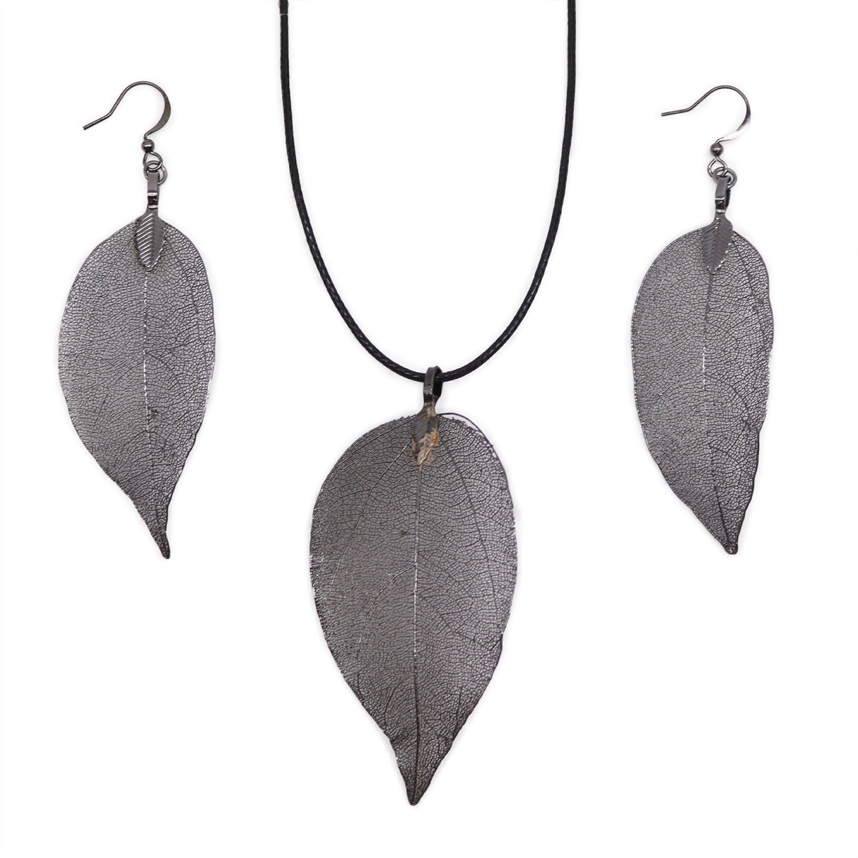 Necklace & Earring Set - Bravery Leaf - Pewter - SHAMTAM.COM