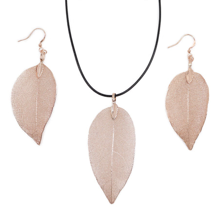 Necklace & Earring Set - Bravery Leaf - Pink Gold - SHAMTAM.COM