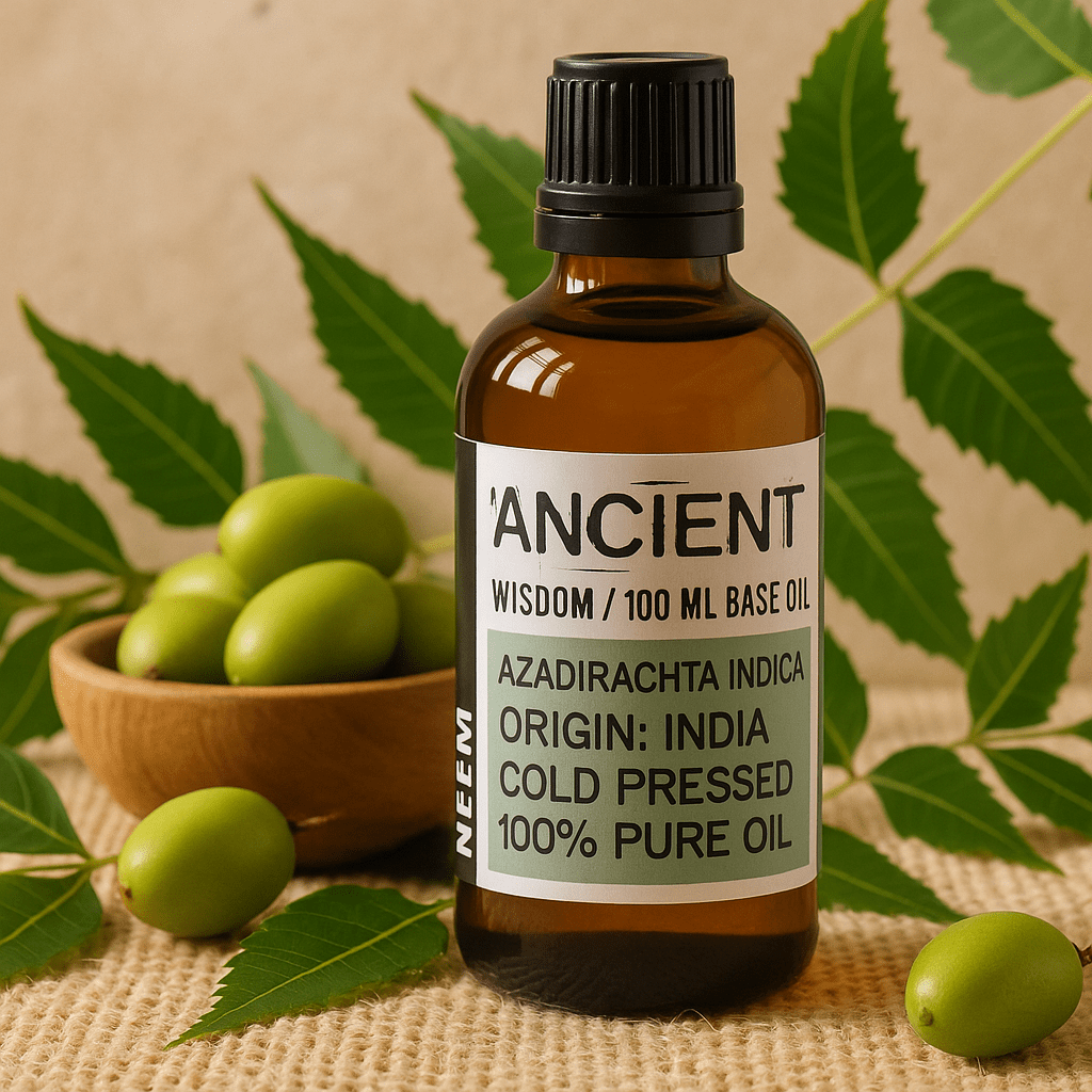 Bottle of 'Ancient Wisdom' neem base oil with green olives and leaves on a textured surface.
