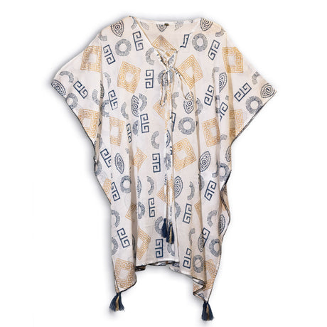 Nomad Sari On the Med Collection - Kaftan - Gold & Blue Greek Motiff - Handpainted - SHAMTAM.COM