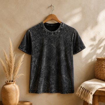 Nomad Sari Stonewashed Pamuk Tişört - Yaşam Pusulası - Kömür Grisi - XL