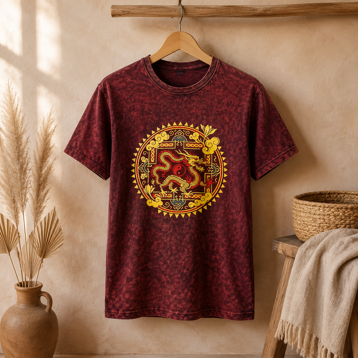 Nomad Sari Taş Yıkamalı Pamuklu Tişört - Ejderha Mandala - Bordo - Large