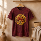 Nomad Sari Taş Yıkamalı Pamuklu Tişört - Ejderha Mandala - Bordo - Large