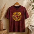 Nomad Sari Taş Yıkamalı Pamuklu Tişört - Ejderha Mandala - Bordo - Small