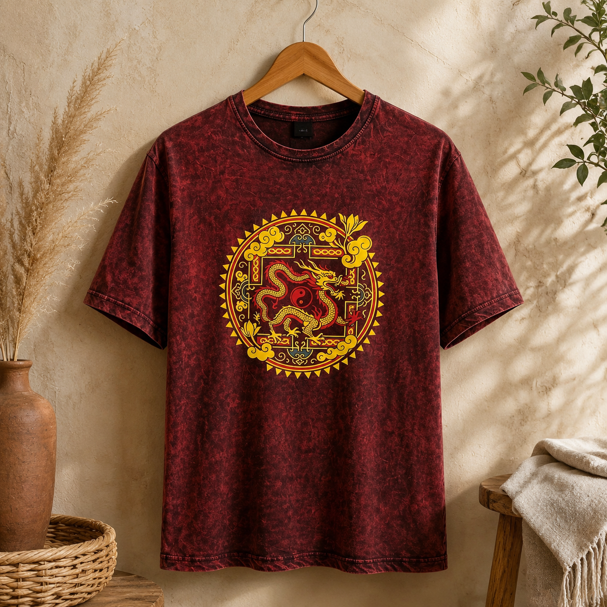 Nomad Sari Taş Yıkamalı Pamuklu Tişört - Ejderha Mandala - Bordo - Small
