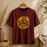 Nomad Sari Taş Yıkamalı Pamuklu Tişört - Ejderha Mandala - Bordo - Small