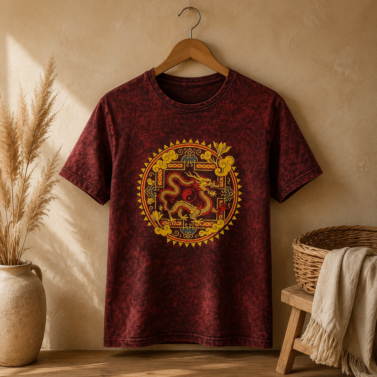 Nomad Sari Stonewashed Pamuk Tişört - Ejderha Mandala - Bordo - XL