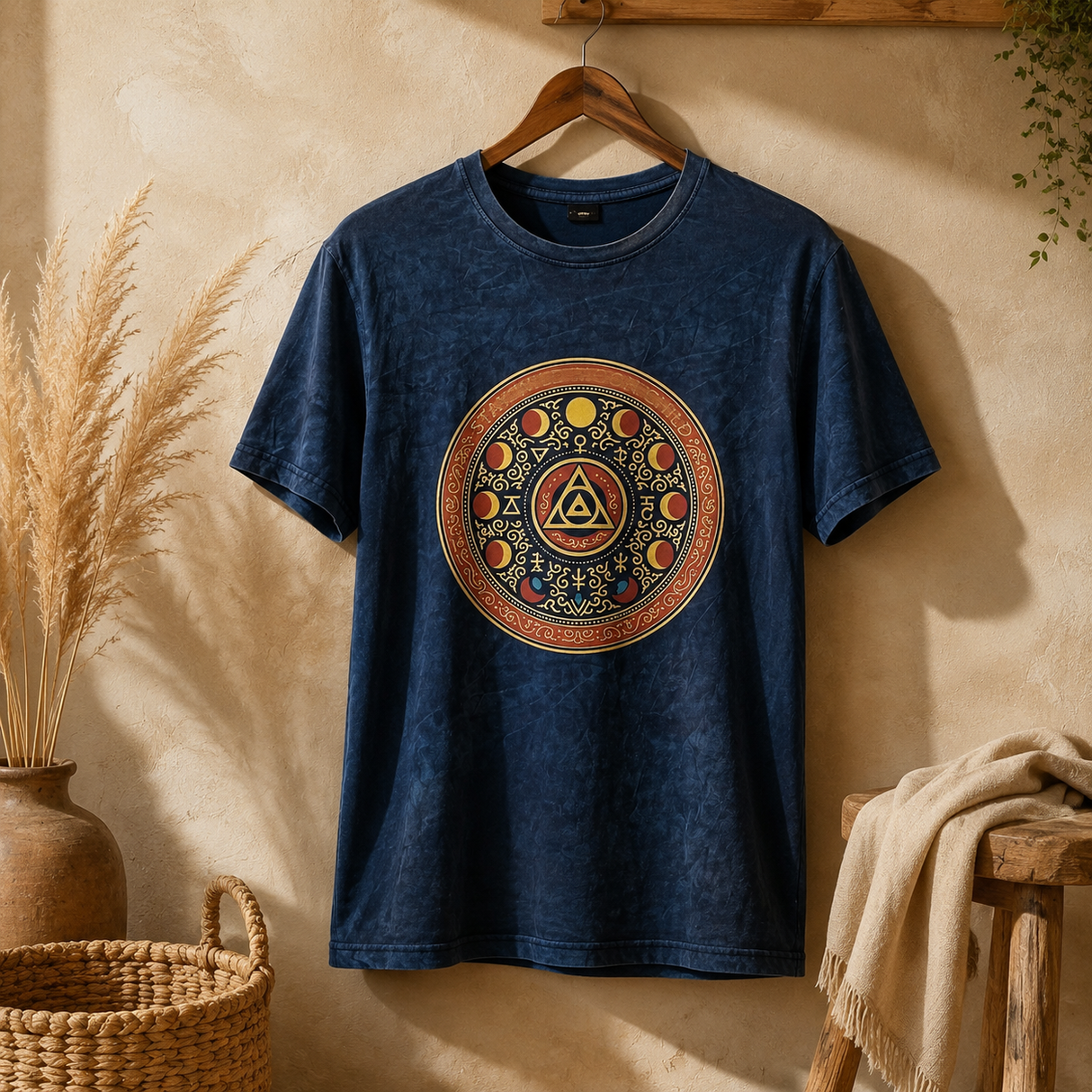 Nomad Sari Stonewashed Pamuk Tişört - Stay Wild Moon Child - Mavi - Large