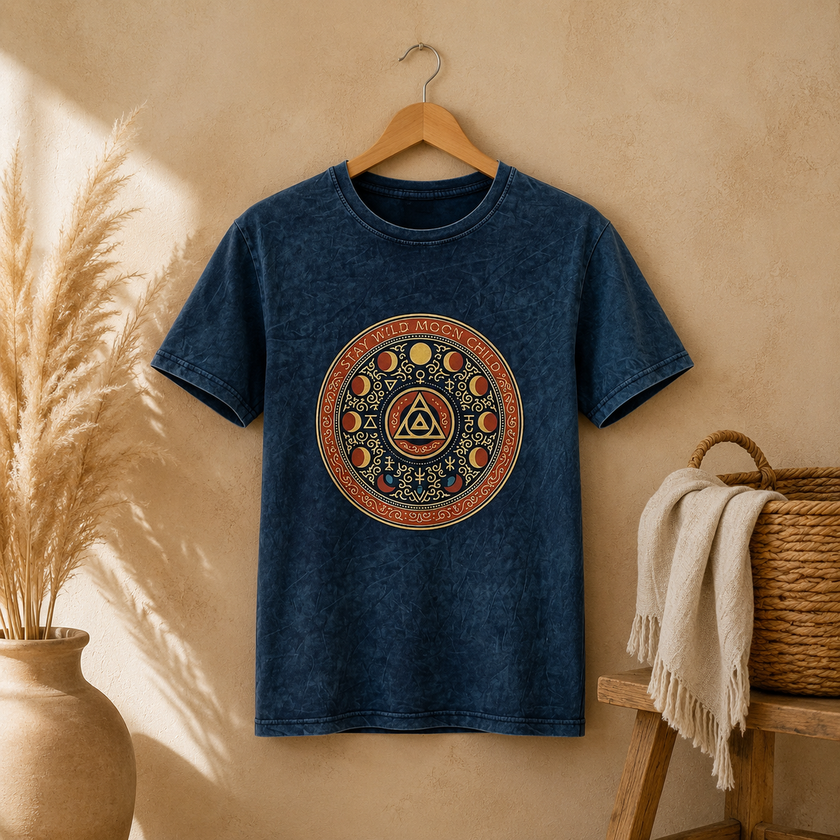 Nomad Sari Stonewashed Pamuk Tişört - Stay Wild Moon Child - Mavi - Küçük