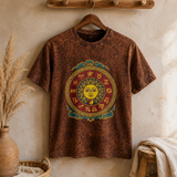 Nomad Sari Stonewashed Pamuk Tişört - Güneş ve Burç - Kahverengi - XL