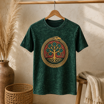 Nomad Sari Stonewashed Pamuk Tişört - Yaşam Ağacı - Yeşil - Orta