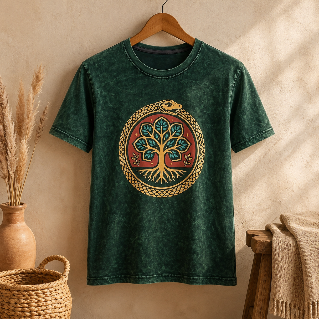 Nomad Sari Stonewashed Pamuk Tişört - Yaşam Ağacı - Yeşil - Küçük