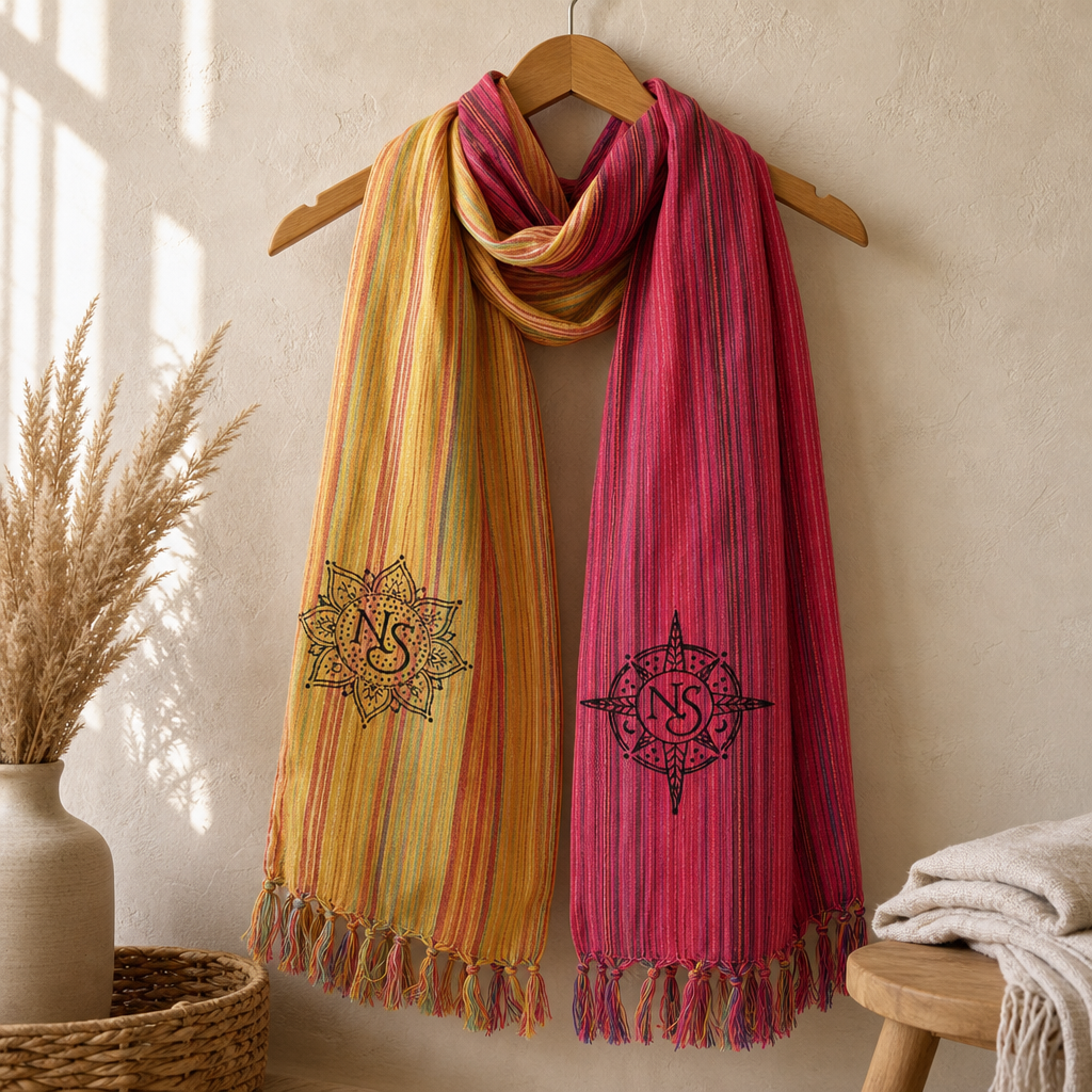 Nomad Sari - Travel Blessing Scarf - 170 × 50 cm - Kathmandu Farewell — styled in a warm, naturally lit interior