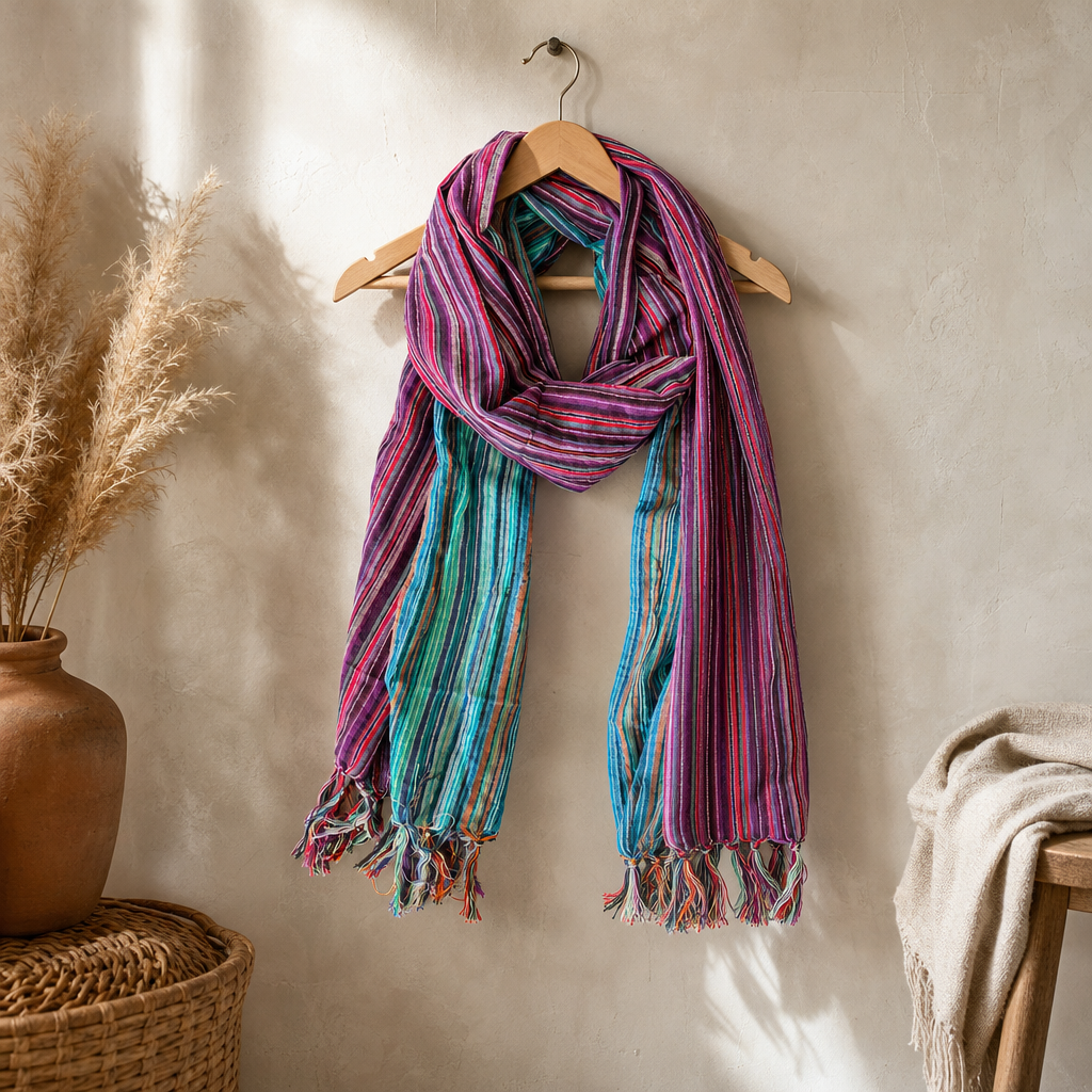 Nomad Sari - Travel Blessing Scarf - 170 × 50 cm - Last Flight Home — styled in a warm, naturally lit interior