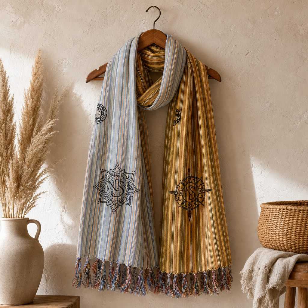Nomad Sari - Travel Blessing Scarf - 170 × 50 cm - Prayer Flags — styled in a warm, naturally lit interior