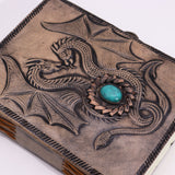 Antique Grey Two Dragons Esoteric Notebook with Turquoise Stone - 200 Pages, Stitch Edge, 17.5x12.5x3cm - Vintage Fantasy Journal - SHAMTAM.COM