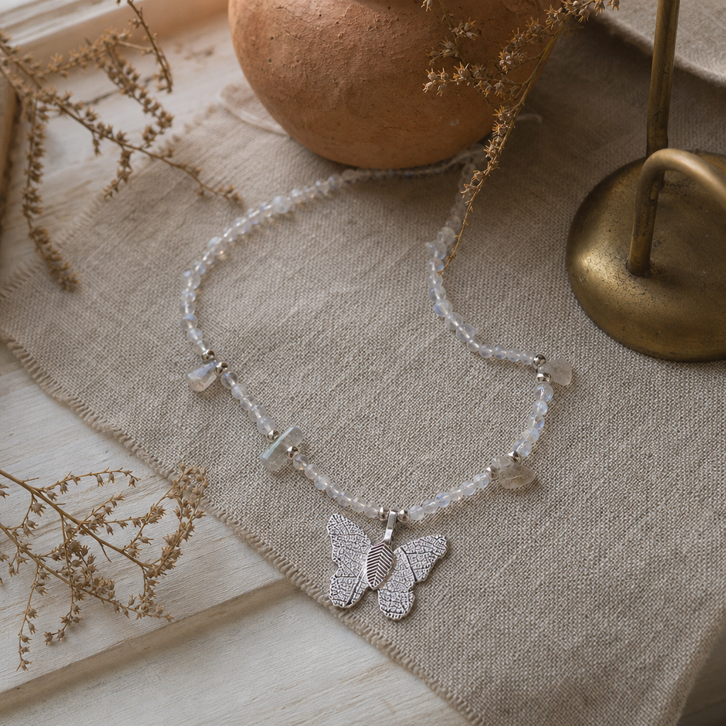 Nymph Labradorite Gemstone Necklace with Real Leaf Butterfly Pendant — styled in a warm, naturally lit interior