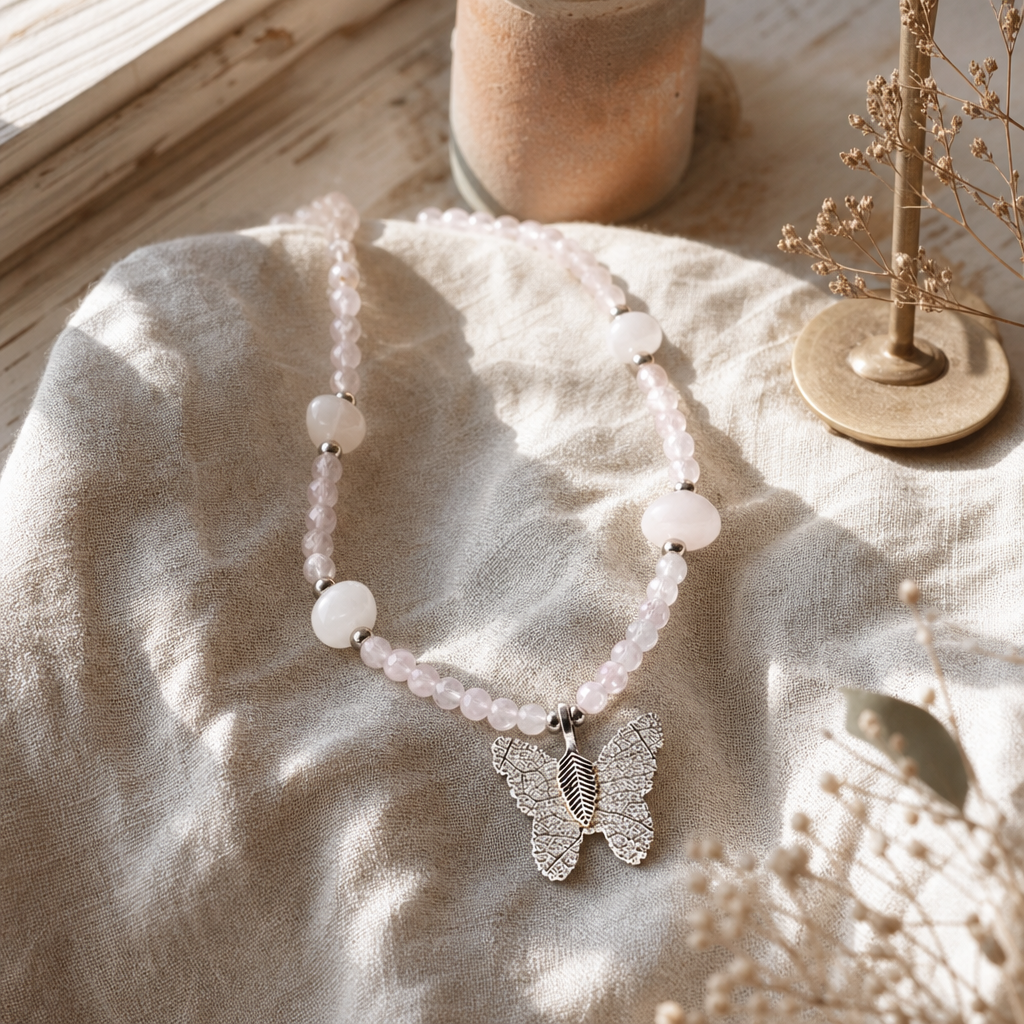 Nymph Rose Quartz Gemstone Necklace with Real Leaf Butterfly Pendant — styled in a warm, naturally lit interior