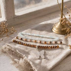Nymph Spirit Gemstone Bracelet Set - Sea Sunset — styled in a warm, naturally lit interior