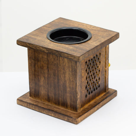 Eco - Friendly Mango Wood Box Burner with Carved Buddha Design - Ideal for Oils and Wax Melts, 12x12 cm - SHAMTAM.COM