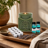 Oil Burner, Fragrance Oils & Tealights Kit — styled in a warm, naturally lit interior