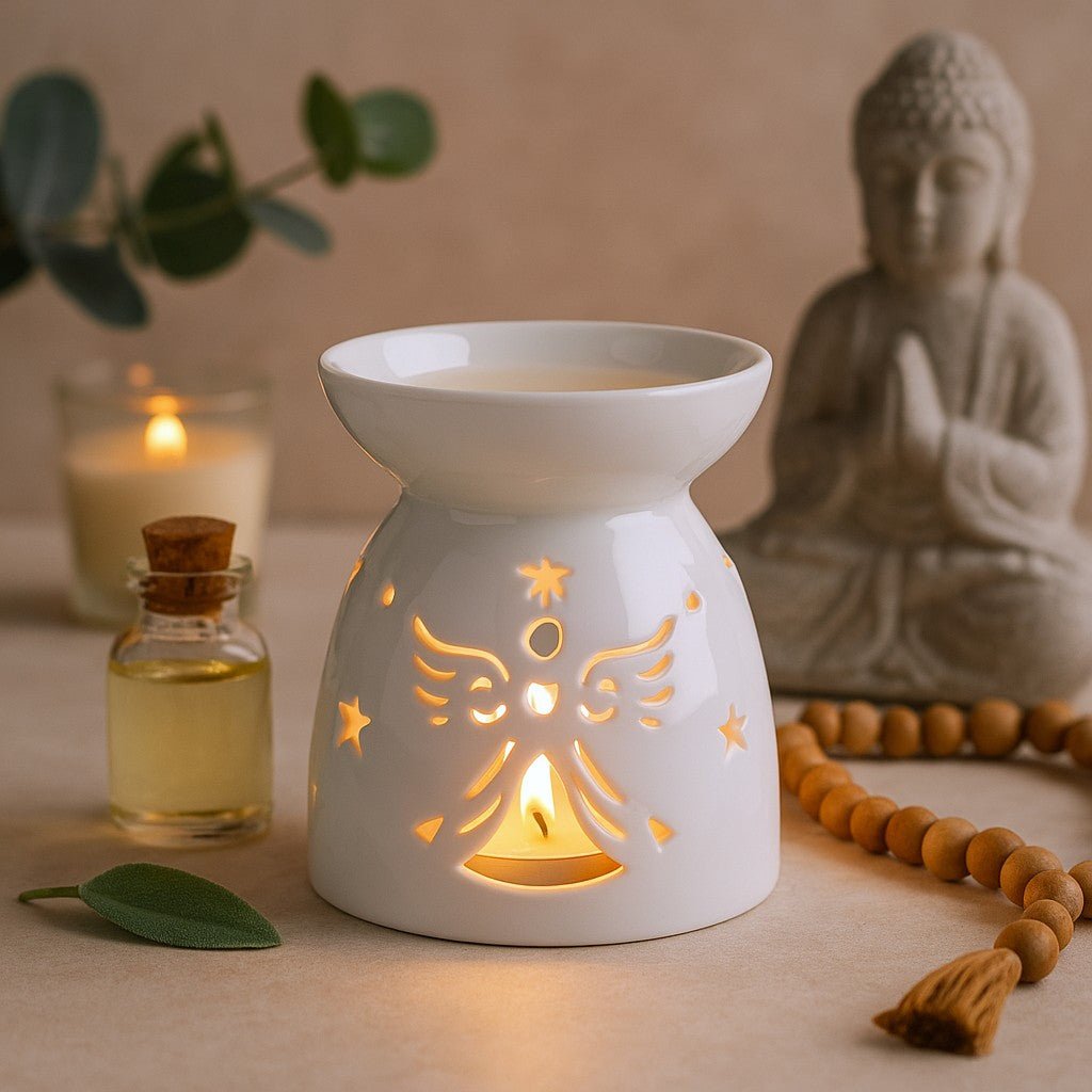 Öl-Duftlampe aus weißer Keramik mit Engelmotiv, Teelicht-Diffuser