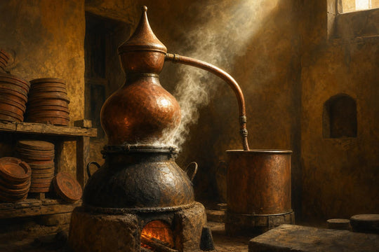 Steam rising from a traditional copper deg-bhapka still in a Kannauj attar workshop, fired-clay discs stacked on a shelf beside it.