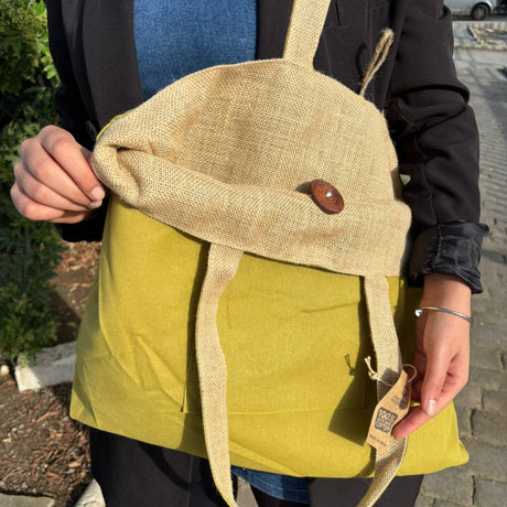 Organic Cotton & Jute Reversible Tote Bag with Front Pocket - Pistachio Yellow Eco - Friendly Shopper - SHAMTAM.COM
