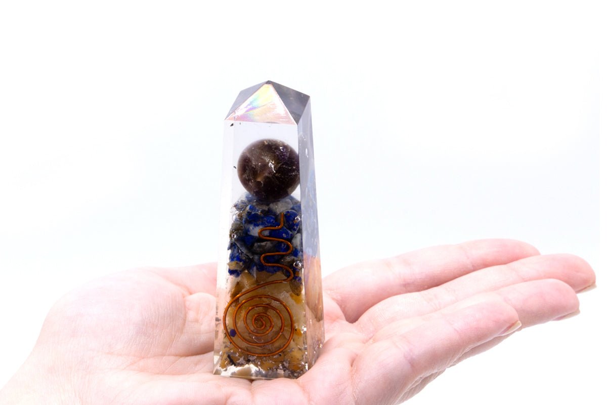 Orgonite Obelisk Power Point Copper, Lapis and Yellow Aventurine - 90x25 mm - SHAMTAM.COM