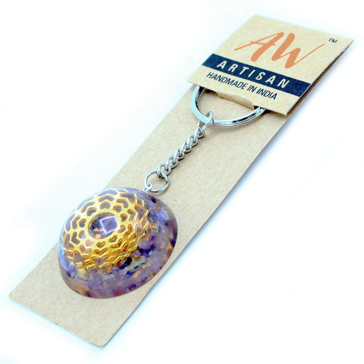 Talisman Keychain Orgonite Power - Amethyst Mandala Hearts - SHAMTAM.COM