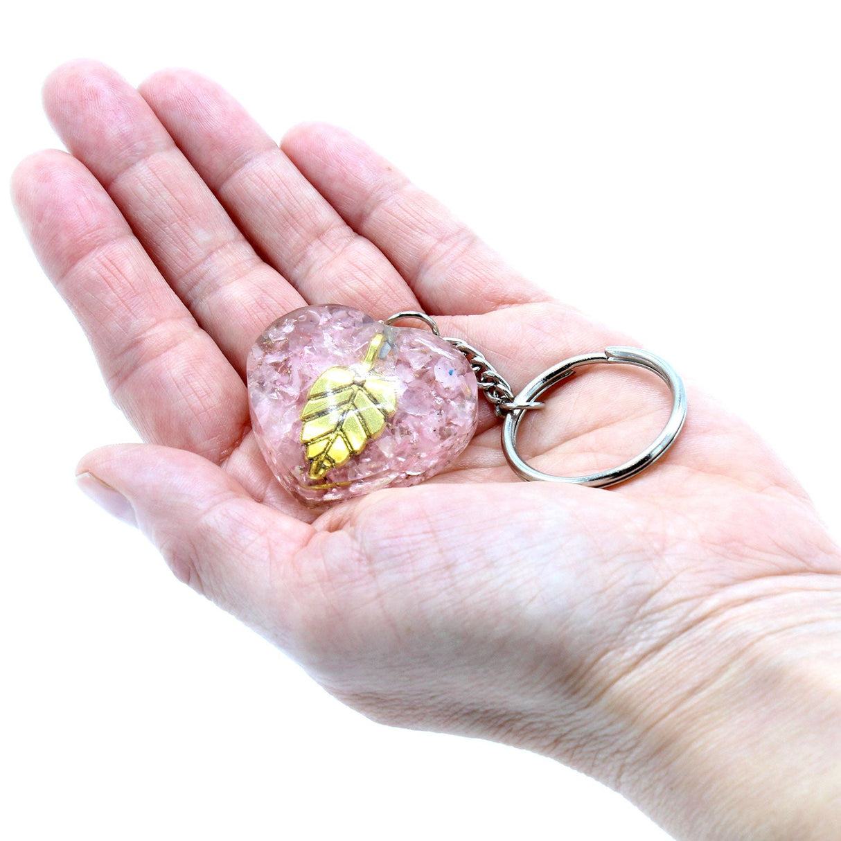 Talisman Keychain Orgonite Power - Rose Quartz Heearts Golden Leaf - SHAMTAM.COM