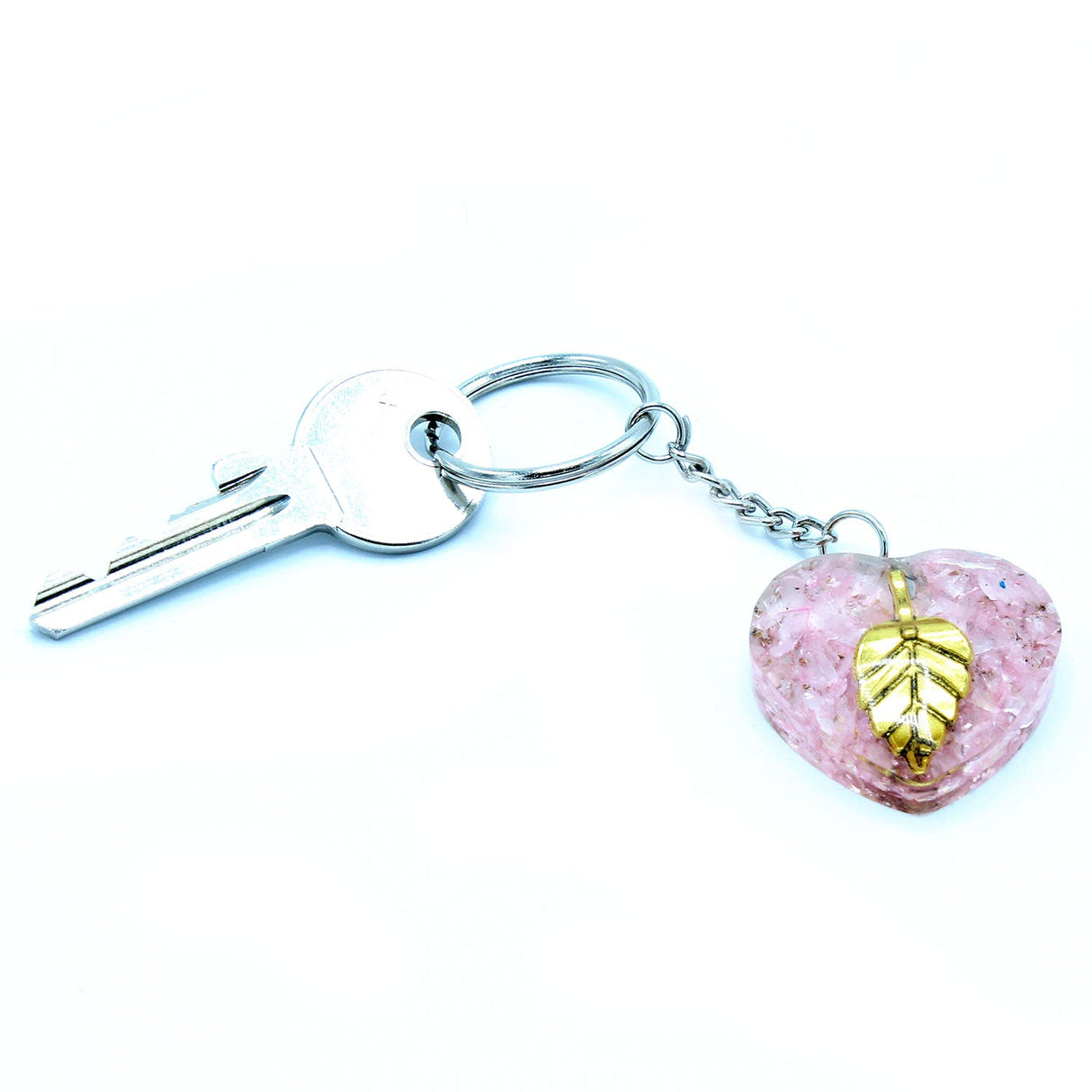 Talisman Keychain Orgonite Power - Rose Quartz Heearts Golden Leaf - SHAMTAM.COM