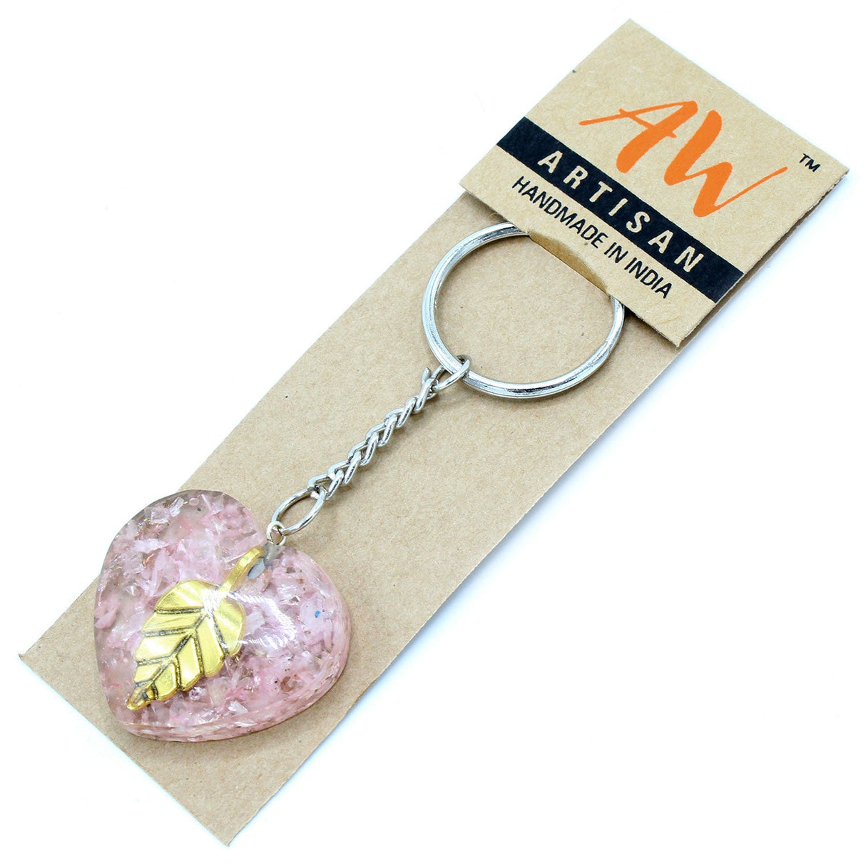 Talisman Keychain Orgonite Power - Rose Quartz Heearts Golden Leaf - SHAMTAM.COM