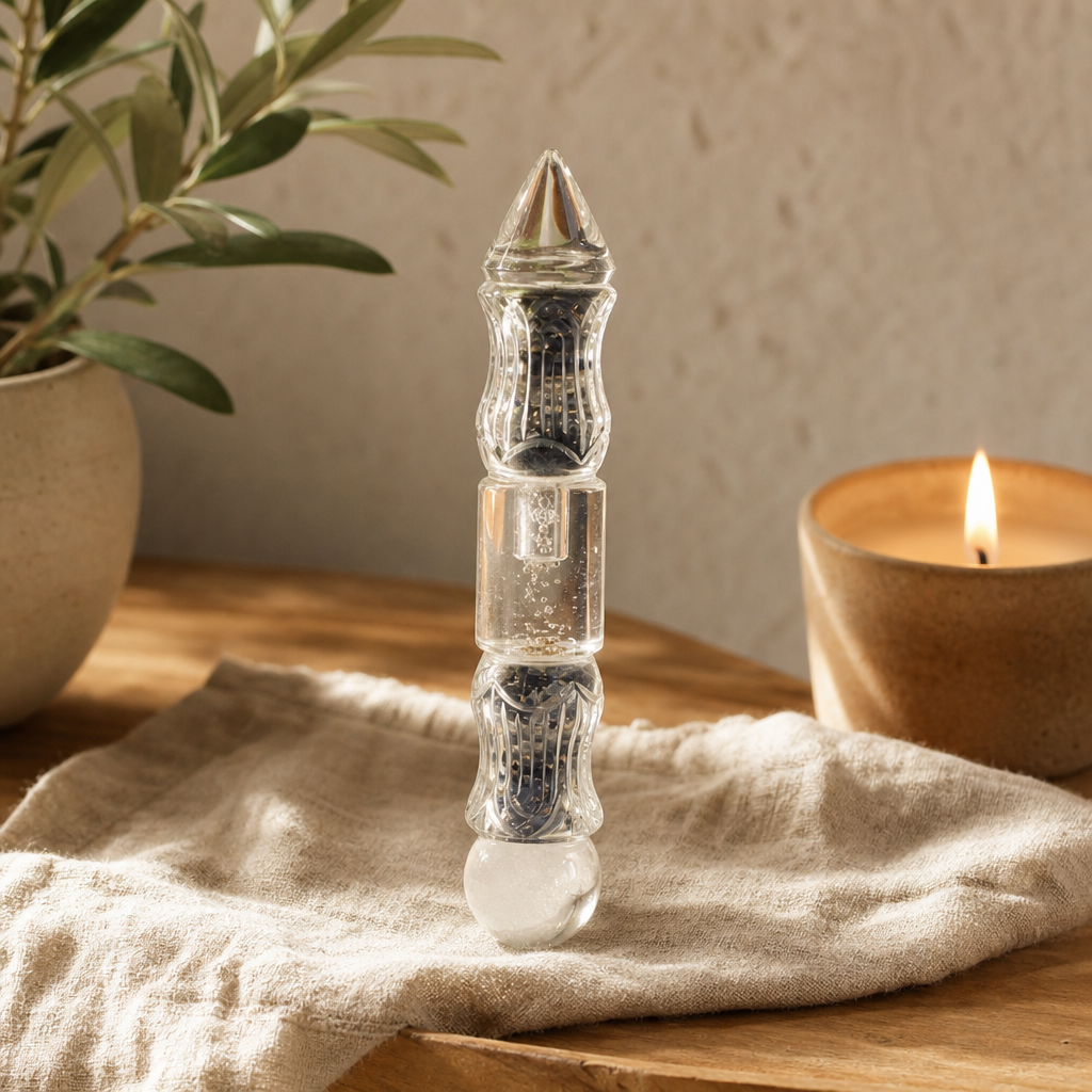 Orgonite Water Wand Carved with Copper & Gemchips — styled in a warm, naturally lit interior