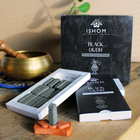 Black Wood Smudge Bricks Natural Incense and Burner - Pack of 15 - SHAMTAM.COM