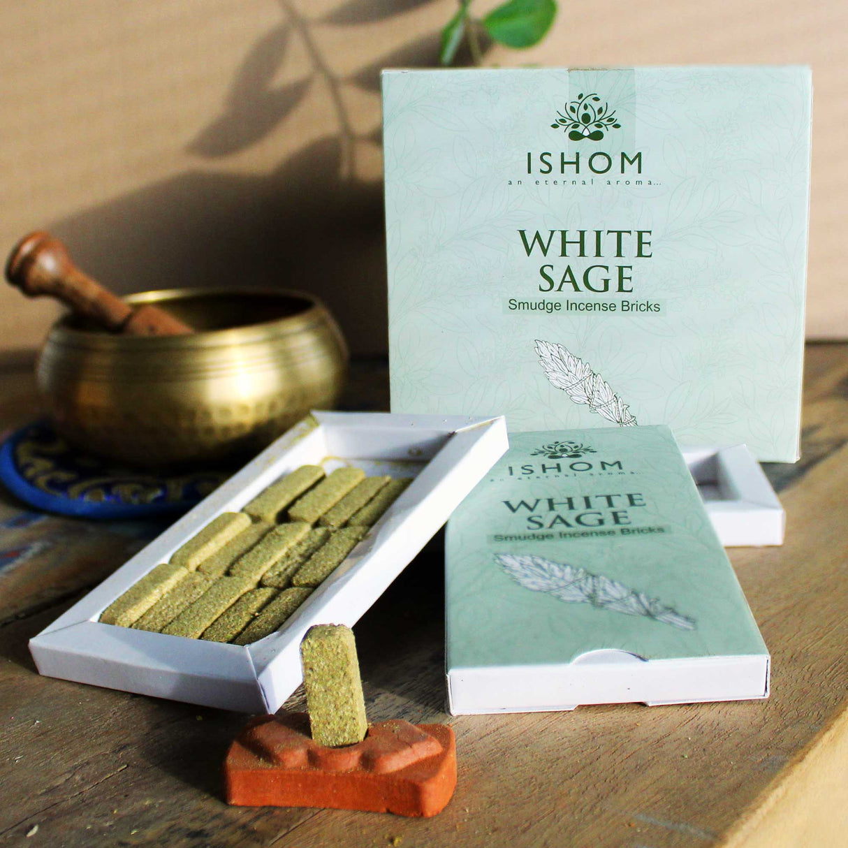 White Sage Smudge Bricks Natural Incense and Burner - Pack of 15 - SHAMTAM.COM