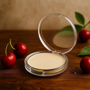 Compact powder in a clear case on a wooden surface with cherries around
