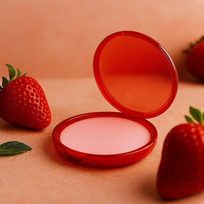 Compact powder with a mirror, surrounded by strawberries on a peach-colored background