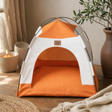 PAW Bed – Beige & Orange Tent – 58 × 58 × 48 cm — styled in a warm, naturally lit interior